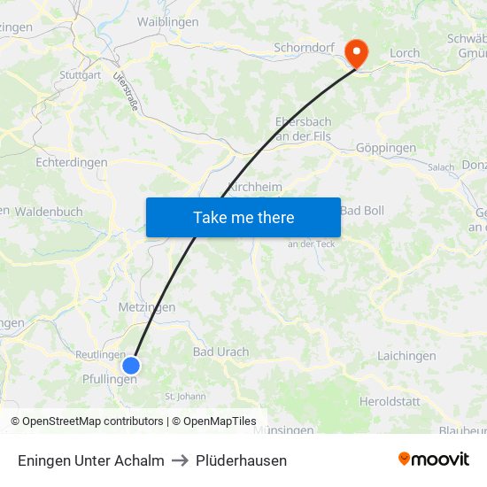 Eningen Unter Achalm to Plüderhausen map