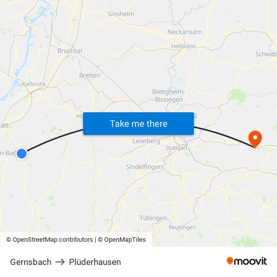 Gernsbach to Plüderhausen map