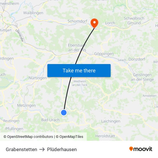 Grabenstetten to Plüderhausen map