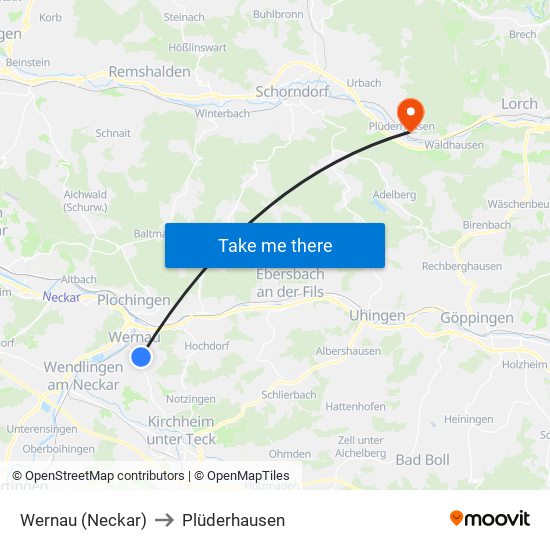 Wernau (Neckar) to Plüderhausen map