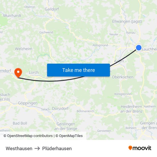 Westhausen to Plüderhausen map