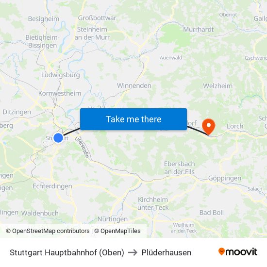 Stuttgart Hauptbahnhof (Oben) to Plüderhausen map