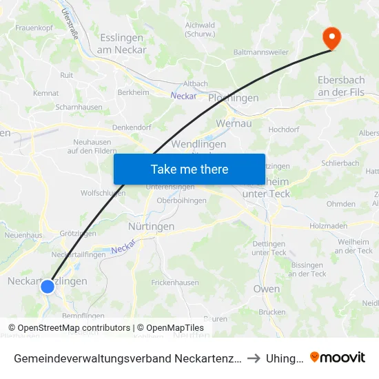 Gemeindeverwaltungsverband Neckartenzlingen to Uhingen map