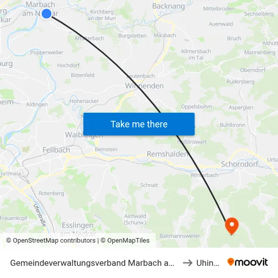 Gemeindeverwaltungsverband Marbach am Neckar to Uhingen map