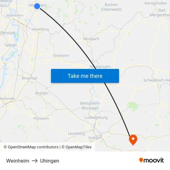 Weinheim to Uhingen map
