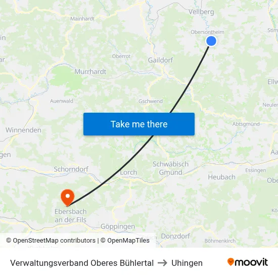 Verwaltungsverband Oberes Bühlertal to Uhingen map