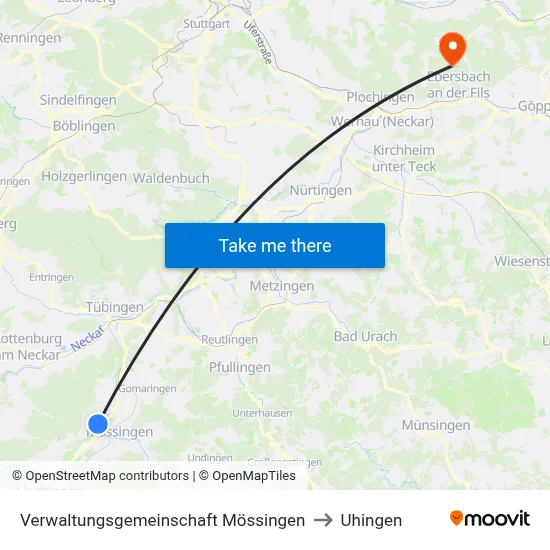 Verwaltungsgemeinschaft Mössingen to Uhingen map