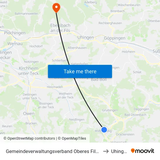 Gemeindeverwaltungsverband Oberes Filstal to Uhingen map