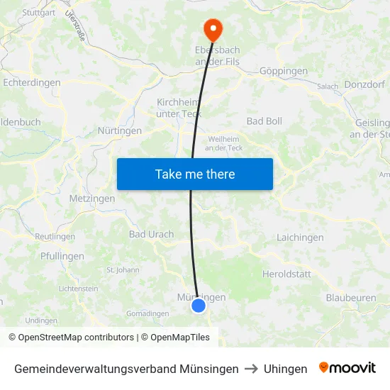 Gemeindeverwaltungsverband Münsingen to Uhingen map