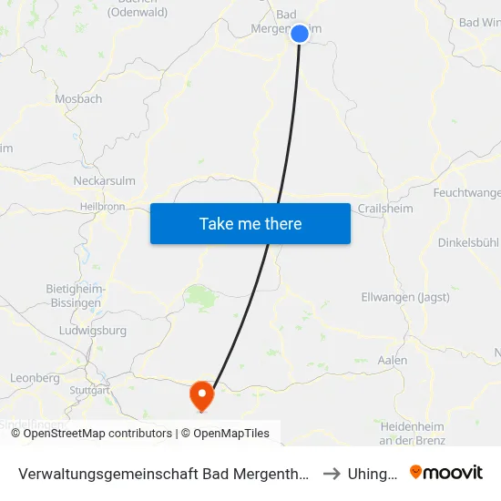 Verwaltungsgemeinschaft Bad Mergentheim to Uhingen map