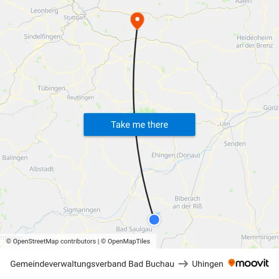 Gemeindeverwaltungsverband Bad Buchau to Uhingen map