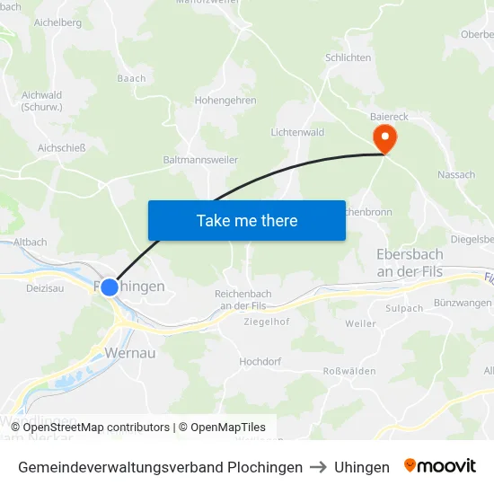 Gemeindeverwaltungsverband Plochingen to Uhingen map