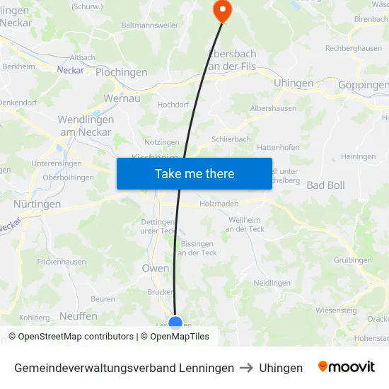 Gemeindeverwaltungsverband Lenningen to Uhingen map