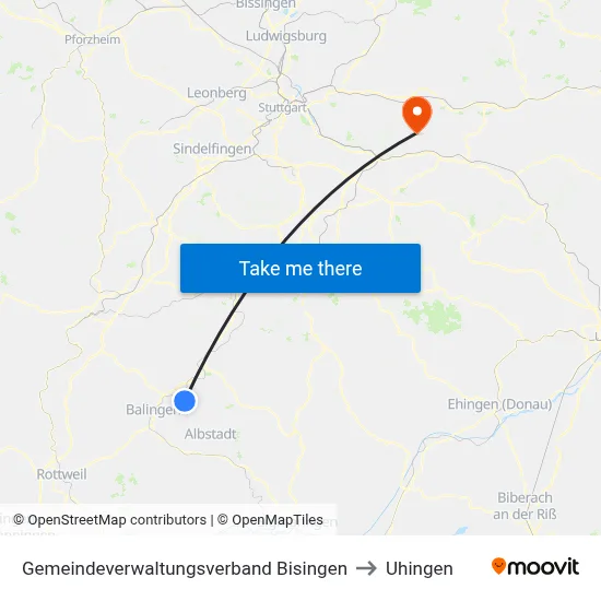Gemeindeverwaltungsverband Bisingen to Uhingen map