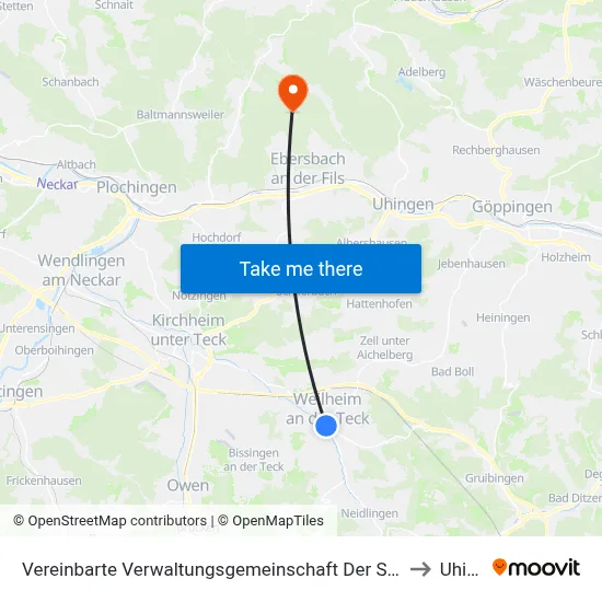 Vereinbarte Verwaltungsgemeinschaft Der Stadt Weilheim An Der Teck to Uhingen map