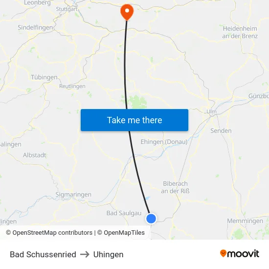 Bad Schussenried to Uhingen map