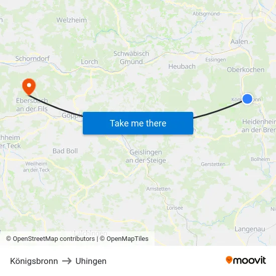 Königsbronn to Uhingen map