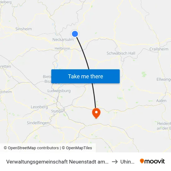 Verwaltungsgemeinschaft Neuenstadt am Kocher to Uhingen map
