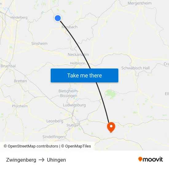 Zwingenberg to Uhingen map
