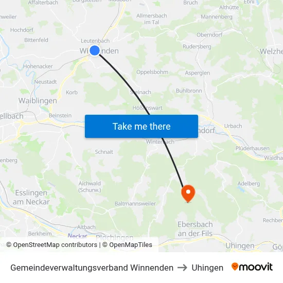Gemeindeverwaltungsverband Winnenden to Uhingen map