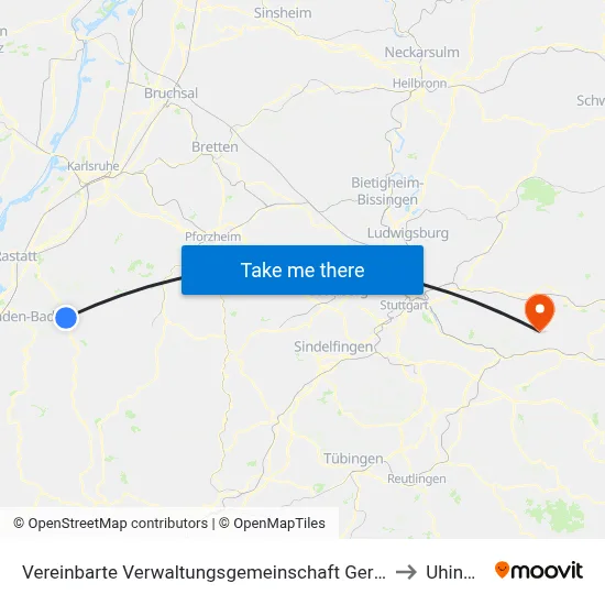 Vereinbarte Verwaltungsgemeinschaft Gernsbach to Uhingen map