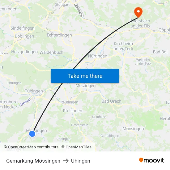 Gemarkung Mössingen to Uhingen map