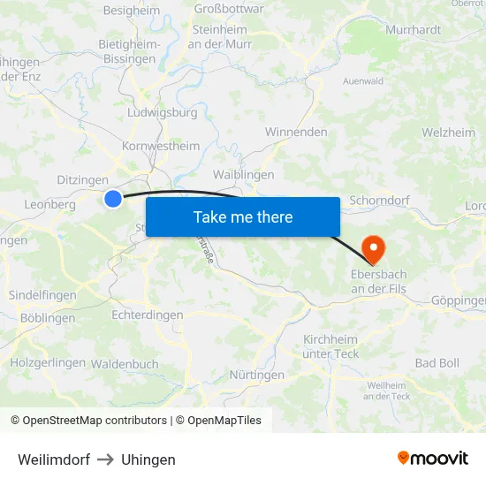 Weilimdorf to Uhingen map