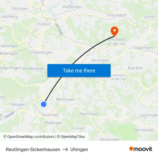 Reutlingen-Sickenhausen to Uhingen map