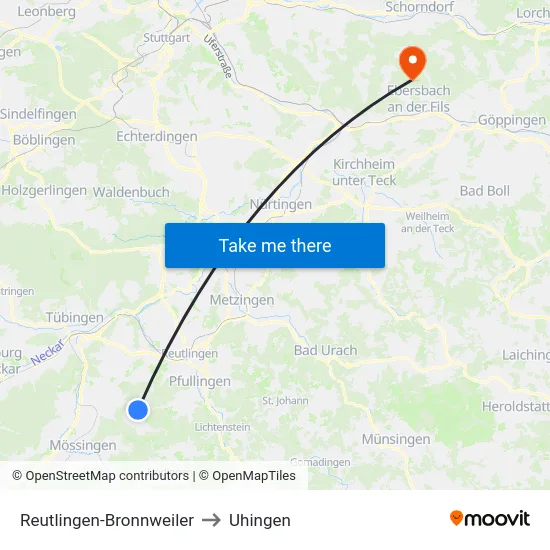 Reutlingen-Bronnweiler to Uhingen map