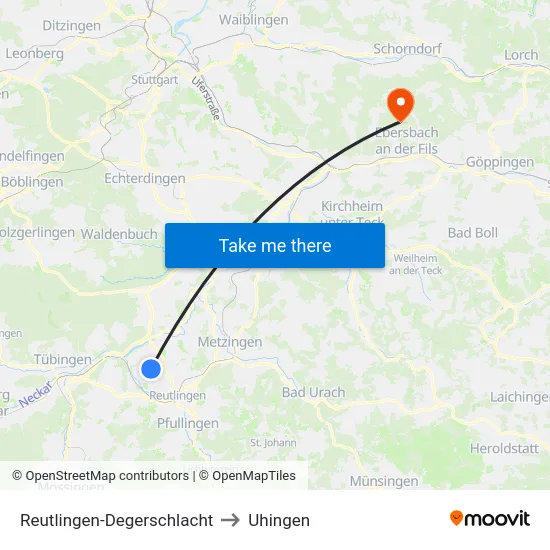 Reutlingen-Degerschlacht to Uhingen map