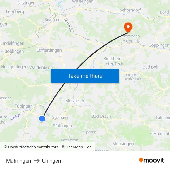 Mähringen to Uhingen map