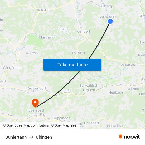 Bühlertann to Uhingen map