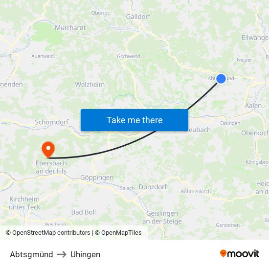 Abtsgmünd to Uhingen map