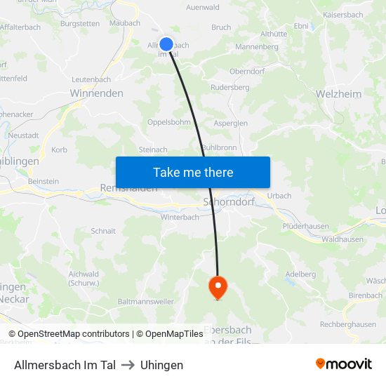 Allmersbach Im Tal to Uhingen map