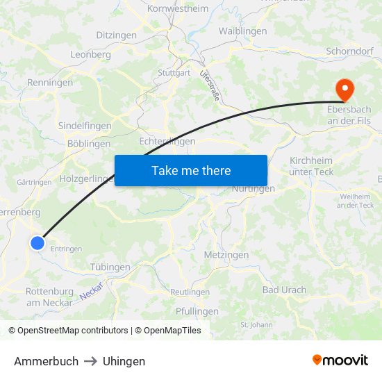 Ammerbuch to Uhingen map