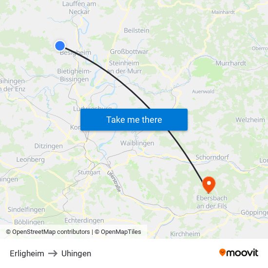 Erligheim to Uhingen map