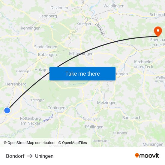 Bondorf to Uhingen map