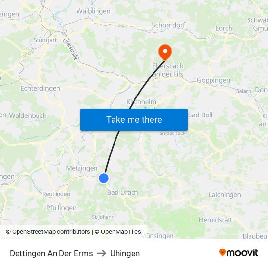 Dettingen An Der Erms to Uhingen map