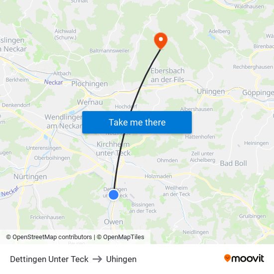 Dettingen Unter Teck to Uhingen map