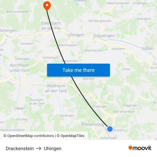 Drackenstein to Uhingen map