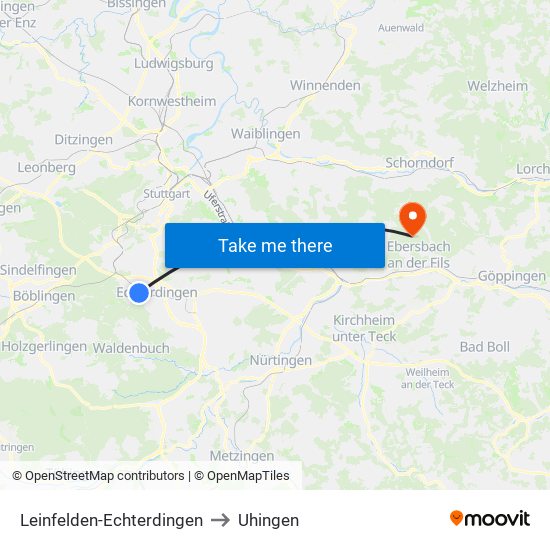Leinfelden-Echterdingen to Uhingen map