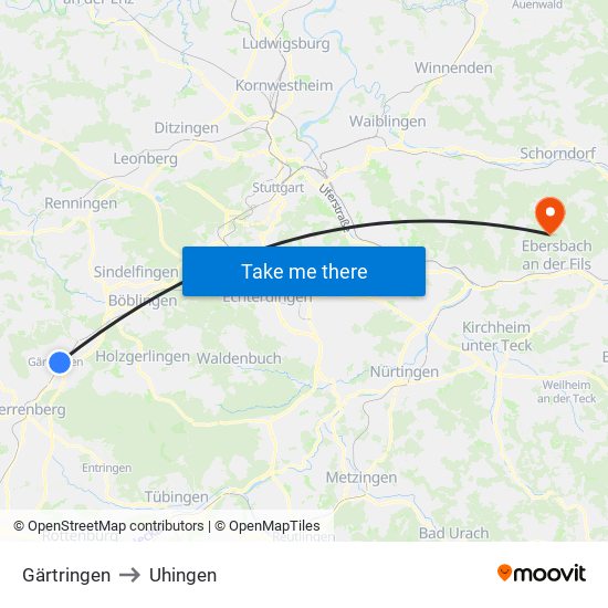 Gärtringen to Uhingen map