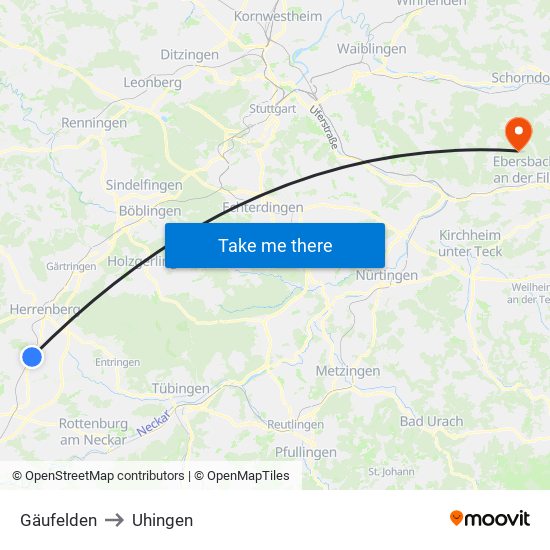 Gäufelden to Uhingen map