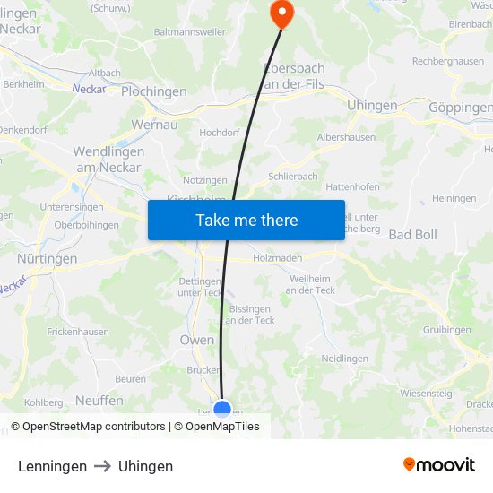 Lenningen to Uhingen map