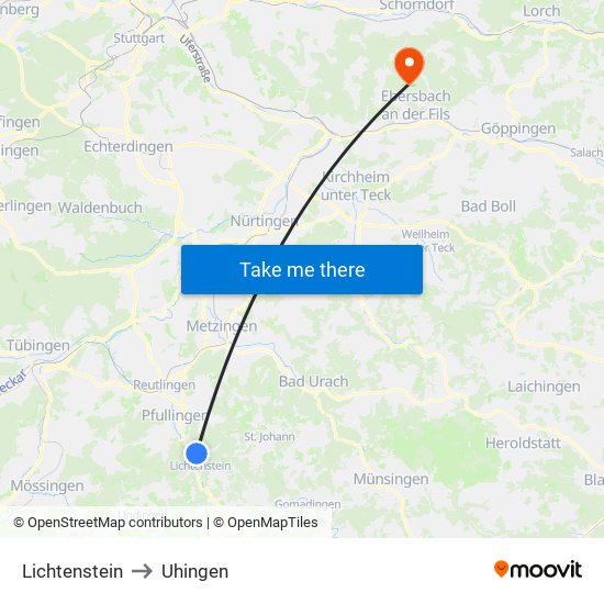 Lichtenstein to Uhingen map