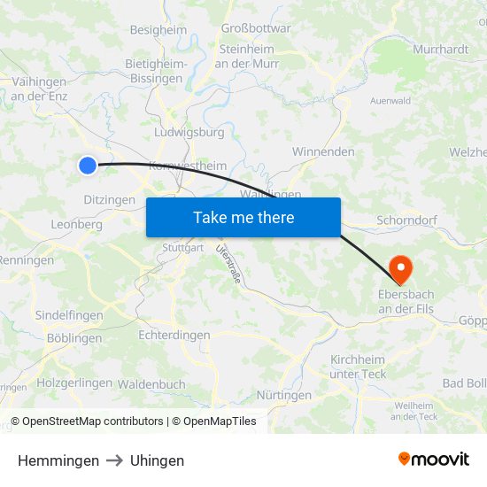 Hemmingen to Uhingen map