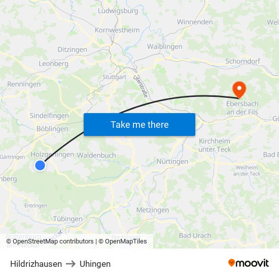 Hildrizhausen to Uhingen map