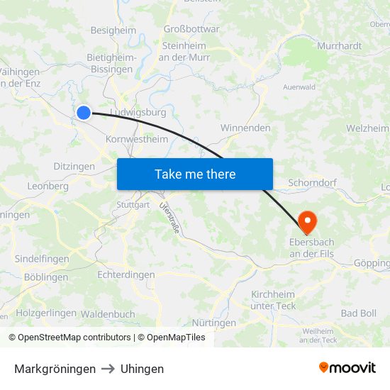 Markgröningen to Uhingen map