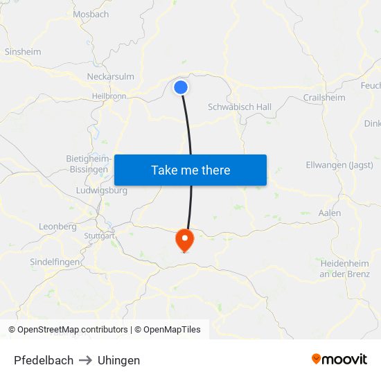 Pfedelbach to Uhingen map
