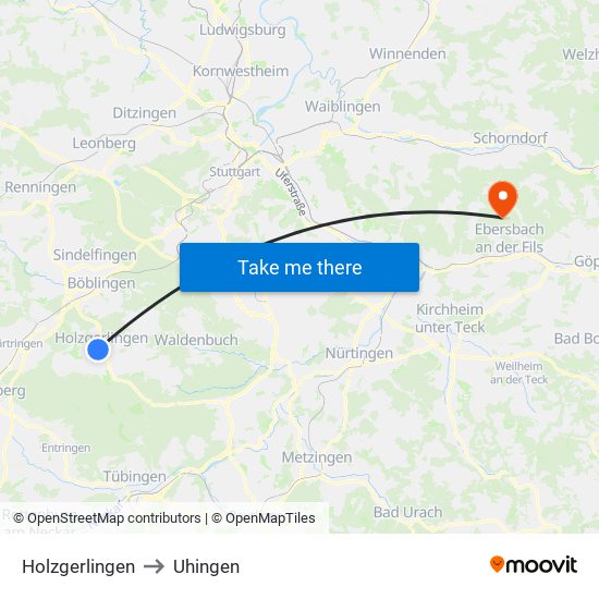 Holzgerlingen to Uhingen map
